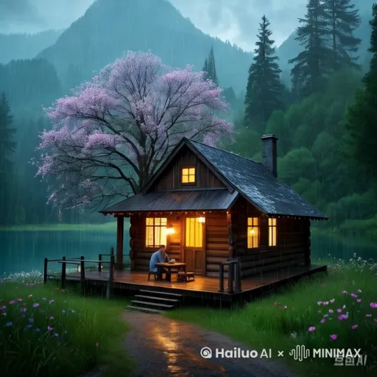大雨一直下，粉色大树在风中摇曳并从树上落下花瓣，房檐上和树下地面满是落下来的粉色花瓣。路两边的花草都在风中摇摆。屋檐下的人在喝茶，整个画面风格是温馨惬意的感觉。画面比例9:16 by Hailuo AI Video Generator