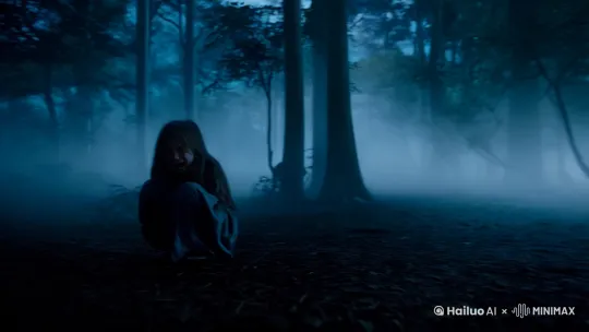 一小女孩蹲在黑暗的森林里哭泣，突然走来一个长发飘飘的长者，拿着拐杖慢慢走来，然后轻轻抚摸她的头发，女孩站起身来，拥抱了长者，并停止了哭泣，随后长者牵着小女孩的手，慢慢消失在茫茫迷雾中！ by Hailuo AI Video Generator