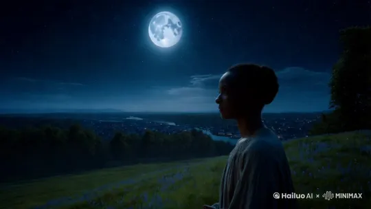 生成一段一个人在满月的夜里思念家乡的视频，要求有音乐和看见别人能够欢聚一堂 by Hailuo AI Video Generator