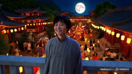 生成一段一个中国人在满月的夜里思念家乡的视频，要求场景：1、看见别人欢聚一堂；2、视频时长不少于15s；3、人物表情由喜到忧；4、场景接近真实情况；5、有人物内心独白和解说台词 by Hailuo AI Video Generator