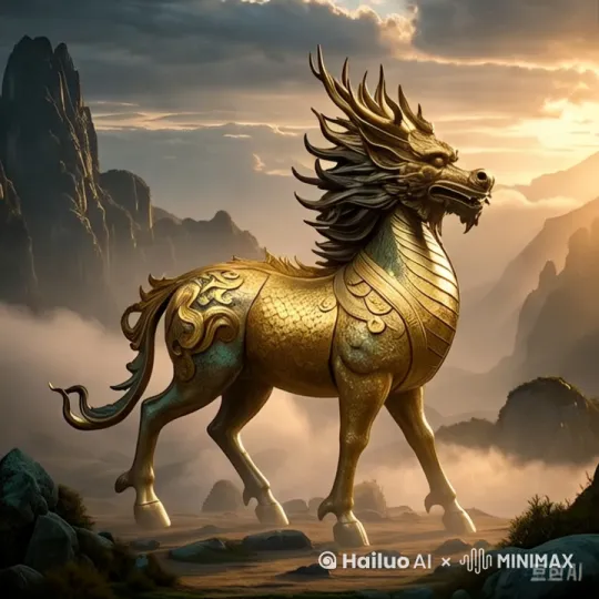 3D 电影级运镜，刻画一只金色神兽（龙头马身，鳞片纹理精致，鬃毛飘逸灵动）。镜头中，神兽转头面向镜头，向右行走时腿部动作富有动态感 —— 肌肉自然起伏，步伐带起地面细尘；同时张开大口怒吼，清晰展现颌骨肌肉与咆哮神态。环境细节：蹄下云雾翻涌，岩石地形因行走扬起微尘，阳光在山峦间投下层次分明的阴影。确保动作衔接流畅，鬃毛、尾巴随行走节奏自然摆动，整体动态和谐生动。[推出,上升,下摇] by Hailuo AI Video Generator