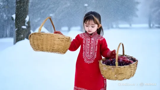 一个小女孩，在大雪纷飞的雪地里，两只手拎两蓝水果在雪地里走，一直走 by Hailuo AI Video Generator