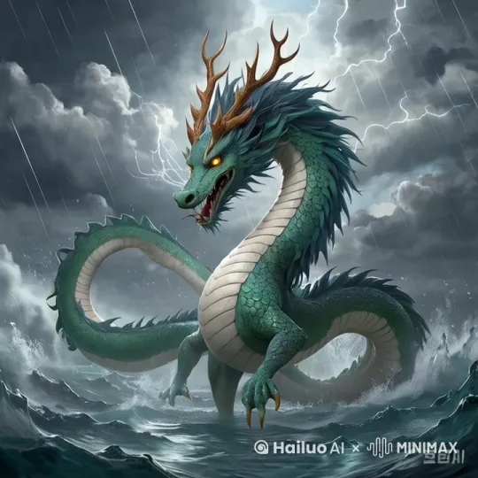 暴风雨夜，乌云压顶，电闪雷鸣划破天际，汹涌海浪翻涌。一条青龙立于波涛之上，张开巨口发出嘶吼，身体如灵蛇般游动扭转，鳞片随动作闪烁金属光泽，龙须与鬃毛在狂风中飞扬，利爪劈开水面激起冲天水花。镜头切换：先特写龙威严的面部、猩红双目与嘶吼动态，再拉远至全景，展现龙在电闪、暴雨、巨浪中翻腾的震撼场景，强化自然力量与神龙霸气交织的史诗氛围。 by Hailuo AI Video Generator