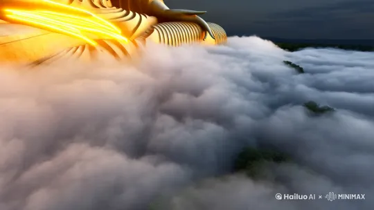 左摇推进一尊庄严的大佛团坐在云中，佛手发出道道金光撒向大地 上摇下降 仰视大佛 by Hailuo AI Video Generator