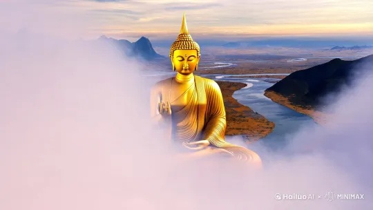 推进上摇一尊庄严的大佛团坐在云中，佛手发出道道金光撒向大地 山川河流 上摇下降 仰视大佛 by Hailuo AI Video Generator