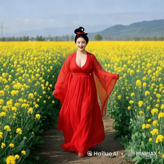 场景元素：春日油菜花田，蜿蜒田埂小路，远山淡影，柔和自然光洒下，田间微风轻拂花枝。
服饰造型：红色汉服（深 V 领 + 飘逸广袖），高髻发饰配红色点缀，裙摆随动作流动。
舞蹈动作：古典舞身韵（提沉、云手、旋转），水袖轻扬，裙摆翻旋，与花田互动（轻触花枝、旋身回眸）。
氛围镜头：慢镜头捕捉衣袂飘动，低角度仰拍人物与花海全景，特写手部动作或发丝微动，收尾定格唯美 pose。
创意延伸：加入 “古风舞蹈 + 花海运镜”“汉服古典舞 × 田园诗意” 等标签化描述，强化视频主题感。 by Hailuo AI Video Generator