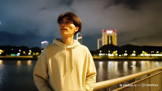 情景:
1、在夜晚，我一个人独自走在桥上
2、桥下是河水
3、河的两边高楼大厦，灯火通明
4、下着蒙蒙细雨
5、我驻足抬头望了望天空，然后接着走，渐渐消失
音乐:《远山少年》

 by Hailuo AI Video Generator