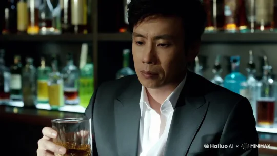 一个人坐着喝着酒，表情落寞沮丧，似乎想着那些很不高兴的事情。运镜从远满满的拉近直到看到脸上的表情 by Hailuo AI Video Generator