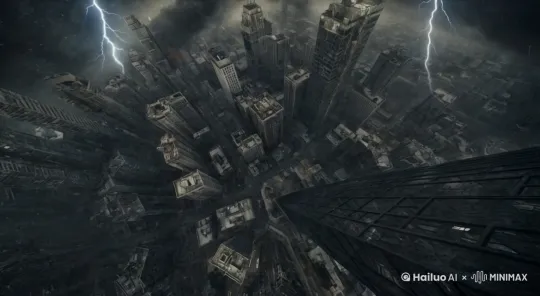Immersive POV descending, the camera drops  from the top of a skyscraper, simulating the vision in freefall. Wind whistles as the abandoned city expands below, crumbling buildings, barren streets,and reflections on the shabby skyscrapers. Feeling of vertigo, extreme speed, immersive cinematography. The dim sky above is choked by thick,black metallic smog,accompanied by the thunderstorm and lightning. Mute and desaturated color grading,post - apocalyptic scene, shot on RED Komodo, directed by Andrei Tarkovsky, brimming with profound reflections on humanity's fate. by Hailuo AI Video Generator