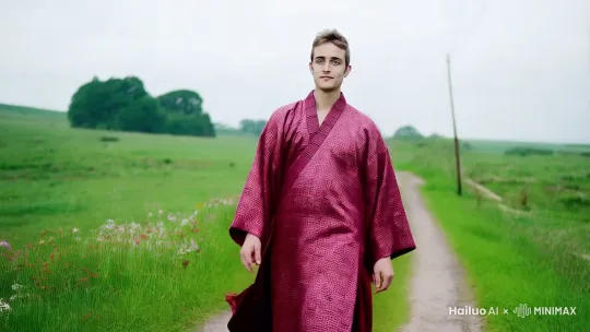 一个穿着汉服的男人，表情潇洒，走在乡间小路上，四周长满了青草 by Hailuo AI Video Generator