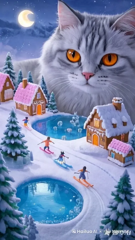 小猫眨眨眼。，动动耳朵闻了闻房子，滑雪小人在雪地上穿梭滑动。[上升,左摇,拉远][拉远] by Hailuo AI Video Generator