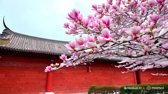 春意漫过红墙，武侯祠的玉兰翩然绽放，似雪如霞缀满枝头；草堂花径深处，千树万枝织就香雪海，古韵与繁花共舞。赴一场蓉城春约，邂逅满城诗意715。 by Hailuo AI Video Generator