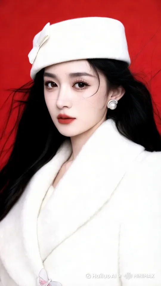 视频开头，镜头缓缓推进，聚焦在一位身着白色毛绒大衣的女性身上。她头戴一顶白色贝雷帽，帽子上装饰着一个精致的蝴蝶结，增添了几分俏皮与优雅。她的长发如瀑布般披散在肩头，几缕发丝随风轻轻飘动，显得格外柔美。
随着镜头的推进，她微微侧过头，露出一个含蓄而迷人的笑容。她的眼睛大而明亮，眼神中流露出一丝俏皮与神秘，仿佛在邀请观众进入她的世界。她的嘴唇涂着一抹鲜艳的红色口红，与她的白色装扮形成鲜明对比，更加凸显出她的妩媚与魅力。
背景音乐轻柔而富有节奏感，与她的表情和动作完美融合，营造出一种浪漫而神秘的氛围。视频中的她时而轻抚自己的长发，时而轻轻咬唇，每一个动作都充满了诱惑力，让人不禁为之心动。
视频的结尾，她再次露出一个妩媚的笑容，然后缓缓转身，留下一个优雅的背影。整个视频充满了女性的魅力与自信，让人印象深刻。 by Hailuo AI Video Generator