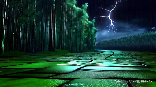 画面结构：

雨夜开篇（0-2秒）
暴雨倾盆，竹林在狂风中被闪电劈亮，青石板路倒映着冷冽月光。
镜头拉近：一双浸透雨水的黑靴踏碎水洼，泥浆飞溅，蓑衣斗笠下隐约露出半张冷峻侧脸。
剑影破空（3-6秒）
侠客右手缓缓按向腰间剑柄，剑鞘与雨水碰撞发出铮鸣（特写）。
拔剑瞬间，寒光划破雨幕，剑气凝成无形屏障，雨滴在剑锋前停滞、碎裂，化作银雾。
斩雨定格（7-10秒）
慢镜头：剑刃横扫，雨帘如布帛被撕裂，水滴四散迸射，映出千百道寒光。
最终定格：侠客收剑回鞘，斗笠微抬，露出锐利眼神，身后雨幕中隐约浮现血色残影（象征过往杀伐）。
音效/文案：

背景音：骤雨声渐强，混入低沉鼓点与剑刃破风声，收剑时骤停，仅余一滴水落地的“叮咚”声。
字幕：“雨夜无归路，剑气可斩天。”（参考中侠客的孤绝意境）
风格参考：结合水墨晕染特效与写实动作，突出“动静对比”——暴雨的狂暴与侠客的冷寂形成张力，定格画面可叠加旧卷轴纹理，强化江湖宿命感。 by Hailuo AI Video Generator