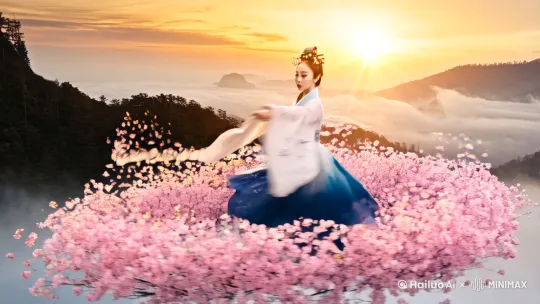 【意境强化版提示词】
Cinematic masterpiece of traditional Chinese aesthetics::1.2 A porcelain-skinned hanfu dancer (delicate phoenix eyes:1.1) emerges from misty ink mountains, her gradient indigo-and-snow hanfu rippling like liquid ink during spinning leap, trailing translucent silk ribbons that dissolve into floating calligraphy strokes. Cherry blossom petals swirl in vortex around her lotus-position pose, illuminated by dawn's golden rays piercing through mist. Macro details showcase fabric's hand-painted bamboo patterns and pearl hair ornaments, with slow-motion capture of sleeve movements creating ephemeral ink splatter particles. Ethereal guqin melody resonates through wispy clouds as camera orbits around dancer's final pose with Mount Huangshan silhouette in bokeh background, rendered in 8K HDR with cinematic color grading
关键元素拆解:
1. 动态服装:渐变水墨汉服+半透明披帛+动态布料模拟
2. 环境融合:悬浮的山水卷轴+雾气+樱花雨+山峦景深
3. 特效处理:墨迹飞溅粒子+书法笔触消散效果
4. 镜头语言:环绕运镜+慢动作特写+焦点转换
5. 文化符号:凤冠霞帔元素+古琴音波可视化+传统发髻
建议配合音乐提示词使用:
Traditional guqin melody blended with modern ambient pads, slow tempo (60bpm) with occasional ceramic wind chime accents, subtle water droplet sound effects synced with dance movements by Hailuo AI Video Generator