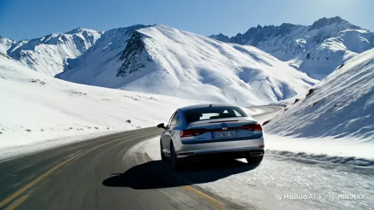 "动态场景，一辆大众CC汽车行驶在雪山道路中，周围是白雪覆盖的山峰，天空湛蓝，阳光洒在雪地上，道路蜿蜒向前。几秒后，汽车开始变形，车身零件迅速重组，逐渐变成一个巨大的变形金刚，机械细节精致，金属质感强烈，变形过程中火花四溅，充满科技感。变形金刚继续向前运动，背景是壮丽的雪山景色，画面充满震撼力和视觉冲击力，电影级特效，4K分辨率，超现实主义风格，动态感强烈。" by Hailuo AI Video Generator