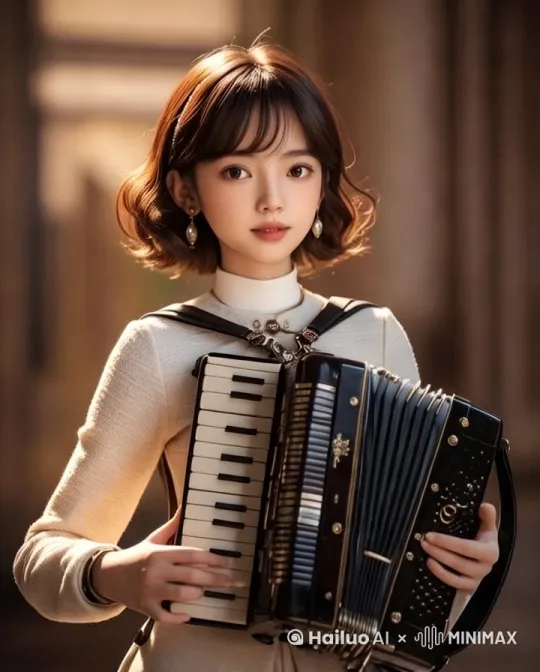 [左移,推进,右摇]一个背着手风琴准备演奏的女孩，[左移,右摇,跟随]表演开始，围绕女孩转动 by Hailuo AI Video Generator