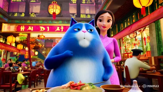 一只胖蓝猫星人在海底捞吃火锅然后旁边有个美女服务员在询问还想吃什么[推出,上升,下摇] by Hailuo AI Video Generator