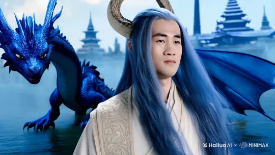 哪吒2魔童闹海电影里的龙族太子敖丙，新三维古风，蓝色长发，蓝色卷发蓬松飘逸，容貌美艳，五官精致，皮肤瓷白光滑，眼睛极美，眼神清冷，龙角，面部重点刻画，简单饰品，服饰轻薄飘逸，唯美彩绘，超高清画质，精美CG，概念艺术，高细节，面部特写，背景仙境出现蓝色神龙 by Hailuo AI Video Generator