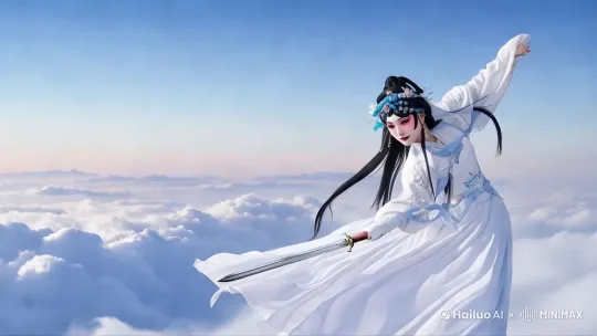 [右移,左摇,跟随]全景画面跟随白素贞的单手持剑向前飞行轨迹，呈现她在蓝天白云间，身姿轻盈地御剑飞行，下方是广袤山川与蜿蜒河流。时长5秒，画面以湛蓝天空与翠绿山川为主色调，呈现出清新自然的视觉效果。[右移,跟随]阳光直射，在她身上形成明亮的轮廓光，凸显其飘逸灵动。[左移,跟随]中景，她单手持剑御剑飞行。[变焦拉远]剑刃划破空气时，周围产生淡淡的白色光芒。[晃动]有剑刃划破空气的呼啸声。
T2V-01-Director
启用 by Hailuo AI Video Generator