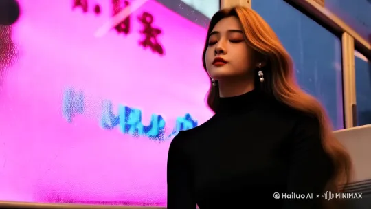 霓虹如液态的呼吸在车窗上晕染，她坐在双层巴士的最后一排，让夜风把珍珠耳坠吹成虚焦的光斑。粉与蓝的灯牌在镜头里扭曲成血管，沿着中环摩天楼的玻璃幕墙蜿蜒爬行，恍惚间整座城市都成了她眼影盘里碎掉的珠光。 by Hailuo AI Video Generator