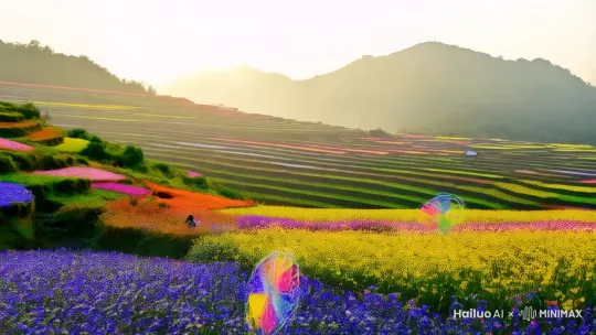 场景描述：云雾缭绕的七彩波浪梯田与茅莱山脉交相辉映，主体是四季轮转的花海与全龄段游客互动，动作描述：无人机环绕展示30级梯田等高线流动，特写蜜蜂采蜜与孩童奔跑时扬起的彩色花瓣，视觉风格：高饱和度自然美学混合人文纪实感，氛围：梦幻仙境与山野活力交织，技术细节：4K航拍接地面手持跟拍，动态剪辑四季花潮变换，慢镜头捕捉风筝与晚霞共舞，动画标注交通路线 by Hailuo AI Video Generator