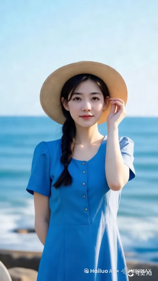 女孩在海边散步，风吹走了她的帽子，她跑过去捡起来[右移,左摇,跟随] by Hailuo AI Video Generator