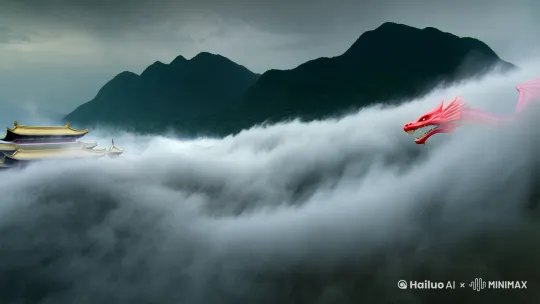 "在泼墨皴染的黛青色群山中，赤焰蛟龙撕裂青灰色积雨云俯冲，趾间火星点燃雾霭形成光斑阵列，短暂照亮三重歇山顶刺破云层的鎏金飞檐残影。青花瓷龙尾拍打云浪激起虹光水雾，折射出半掩的汉白玉台阶轮廓。墨色应龙振翼产生的墨滴乱流，在丝缕状卷云间勾勒出北斗七星状配殿的凹陷轮廓。近景古松枝干缠绕的棉絮祥云中，青铜风铃震颤声与龙吟声交织定位出云海深处的宫殿光点群。——建议参数：NIJI模型--style scenic，中国工笔技法+70%体积云雾+30%建筑残影，光线追踪--RTX on，建筑可见度阈值≤8%"视频要求5秒以上 by Hailuo AI Video Generator