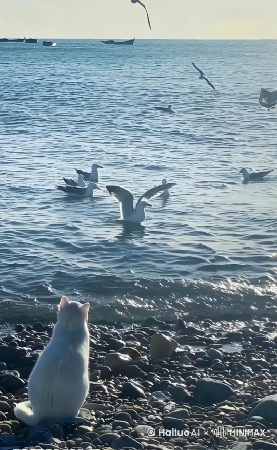 猫咪跳起来去扑捉飞起的海鸥 by Hailuo AI Video Generator