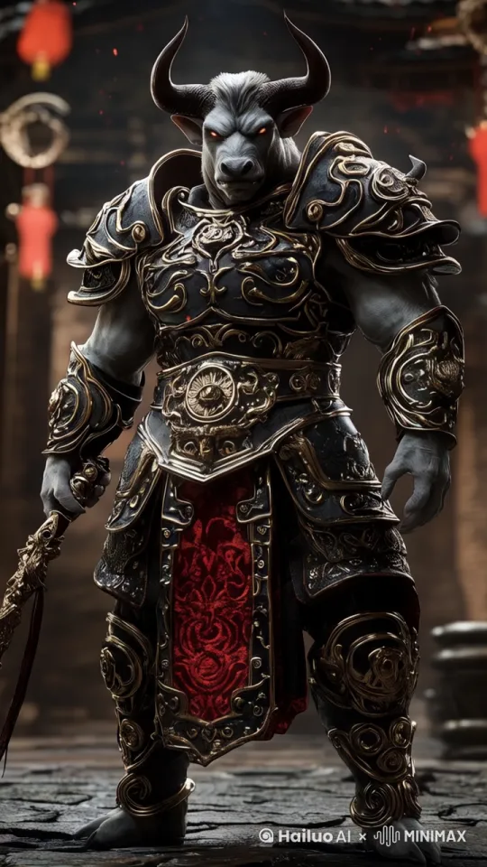 牛魔王左手抬起，[左移,推进,右摇]指向镜头，变形成原形大野牛 by Hailuo AI Video Generator