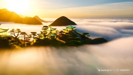 "超广角全景视角，金色晨曦穿透薄雾倾洒天地，层峦叠嶂的仙山在流动的云海中若隐若现，青翠山体覆盖着千年古松，鎏金琉璃宫殿群依山势星罗棋布，飞檐斗拱在云雾中探出精巧轮廓，九重玉阶蜿蜒通向云端，七只丹顶白鹤以优雅队形掠过翡翠色飞瀑，画面融合水墨丹青的留白意境与工笔重彩的细腻笔触，采用青绿山水色调搭配朱砂点染，营造出天人合一的东方仙境，8k分辨率呈现丝绸质感的祥云细节。"

核心设计理念：
1. 空间构建：通过超广角全景和云雾分层强化景深
2. 光影叙事：晨曦光线设计既保证整体通透感又制造神秘氛围
3. 文化符号：以九重玉阶、七只仙鹤等数字嵌入传统祥瑞意象
4. 质感碰撞：琉璃的晶莹反光与云雾的柔焦效果形成材质对比
5. 动态平衡：飞鹤的弧线轨迹与山体直线架构构成视觉张力

可根据输出效果调整以下参数：
- 云雾浓度：30%-50%半透明状态最佳
- 色彩饱和度：青绿色系保持6-7阶明度
- 建筑密度：每平方公里12-15座宫殿的分布频率
- 仙鹤构图：建议采用斐波那契螺旋线排列 by Hailuo AI Video Generator