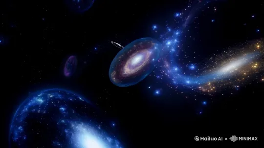 漆黑的宇宙，星系和星云逐渐显现。太空船穿时空隧道。未来城市显现，飞行汽车，高耸入云的建筑。 by Hailuo AI Video Generator