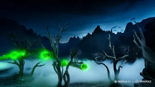 白骨洞妖气铺垫场景
[变焦推进,跟随]荒山枯树/迷雾中幽绿妖气粒子特效浮动
白骨精半人半骷髅形态（面部腐化渐变过程特写）3
血池沸腾音效+悬挂人皮道具近景 by Hailuo AI Video Generator