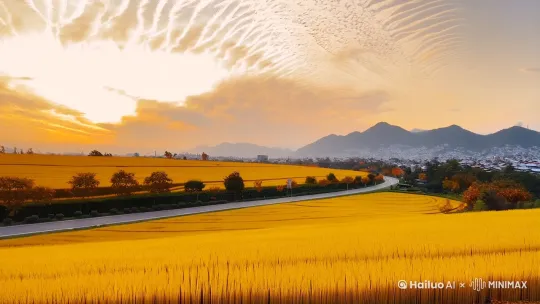 秋天，夕阳下超过大半屏的整齐排列的金黄色稻田，一条宽阔的公路至右向左通向远方转右渐消失，公路边有行道树和绿植，右上方是远山和散落的村庄，金黄色的天空有美丽凤翅般的金黄色云霞，一个穿白衣服的美女骑自行车，背影，高清画质 by Hailuo AI Video Generator