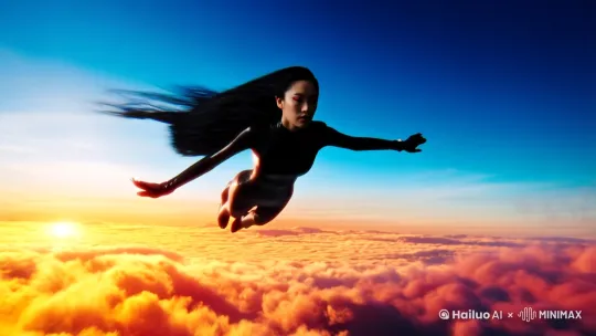 超现实主义风格数字艺术作品，一位拥有乌黑亮丽长发的东方美女，身着紧身黑色皮衣，从万米高空勇敢俯冲，她的身影在夕阳余晖中划过天际，如同自由翱翔的飞鸟。强烈气流让她的长发随风狂舞，形成一条飘逸的黑绸带。背景是绚烂的夕阳，金红色云霞与蔚蓝天空交织，营造出梦幻般的视觉效果。运用推出、上升、下摇的动态镜头，捕捉她下坠时的震撼瞬间，展现出极致的速度感与力量美。近景特写，强调人物与夕阳的对比，营造出强烈的视觉冲击力。 by Hailuo AI Video Generator