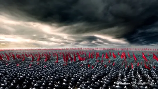 【广角俯拍】
（镜头从高空鹰眼视角切入，掠过翻滚的乌云，下方是绵延十里的河谷战场。八万重甲骑兵如黑色铁流涌动，青铜甲片折射出冷光，战旗在朔风中猎猎作响，镜头急速俯冲时带起呼啸风声。）

【长焦横移】
（中景横移镜头锁定先锋铁骑，马蹄掀起的泥浪以慢镜头飞溅，鬃毛与红缨在颠簸中震颤。重弩方阵百箭齐发的瞬间，镜头突然加速，箭雨划过天际形成银色抛物线，箭杆尾羽的颤动纤毫毕现。）

【低角度跟拍】
（切至贴地视角跟拍战车冲锋，包铜车轮碾碎箭矢迸发火星，车轴悬挂的青铜铃铛疯狂摆动。镜头微微上摇，战马口鼻喷出的白雾与骑兵狰狞的面部特写占据画面，眼白中的血丝与牙齿咬住的缰绳清晰可见。） by Hailuo AI Video Generator