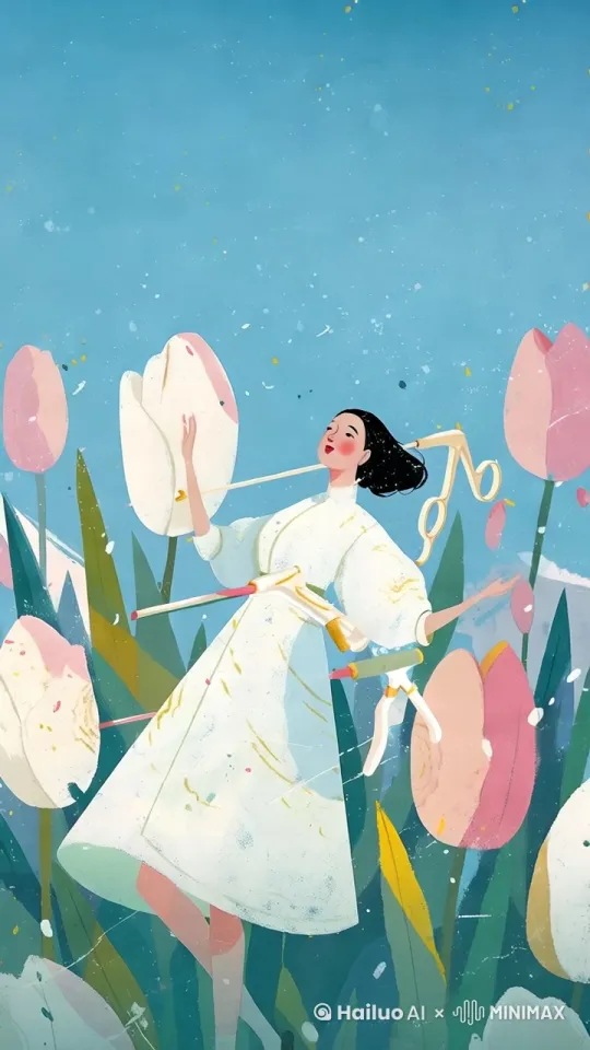 女子的头发和周围的花朵随着微风轻轻飘动 by Hailuo AI Video Generator