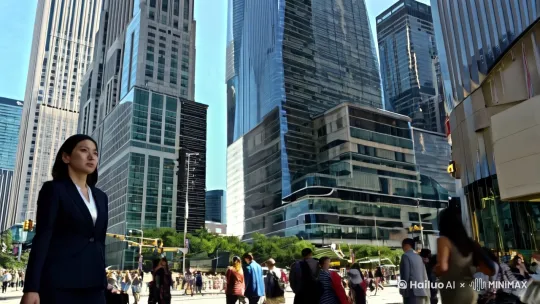 [右移,跟随]写字楼林立，人来人往，林悦穿着职业装，手提公文包，面无表情地随着人流走向公司。 by Hailuo AI Video Generator