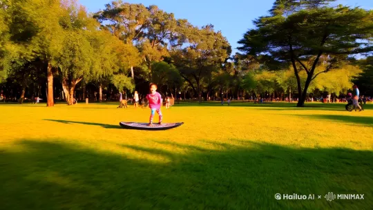 生成一个3d卡通的儿童在公园里玩陆冲板 by Hailuo AI Video Generator