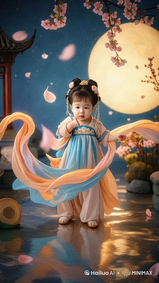古风庭院场景、汉服小女孩跳敦煌飞天舞蹈、丝绸渐变水袖、梨花纷飞特效、暖金色月光，镜头随人物舞姿围绕 by Hailuo AI Video Generator