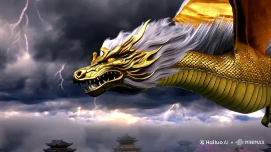 "Ancient Chinese dragon, golden scales with jade textures, flowing silver mane, glowing amber eyes, soaring through storm clouds, dynamic cinematic shots (spiral环绕镜头 + POV俯冲视角 + 低角度仰拍), traditional floating palaces and cherry blossoms in background, lightning flashes, swirling mist, volumetric lighting, slow-motion scales close-up, camera dives through thunderclouds into floating Taoist temple, glowing talismans and calligraphy banners, epic orchestral music with guzheng, 8k ultra-detailed, Unreal Engine 5 style." by Hailuo AI Video Generator