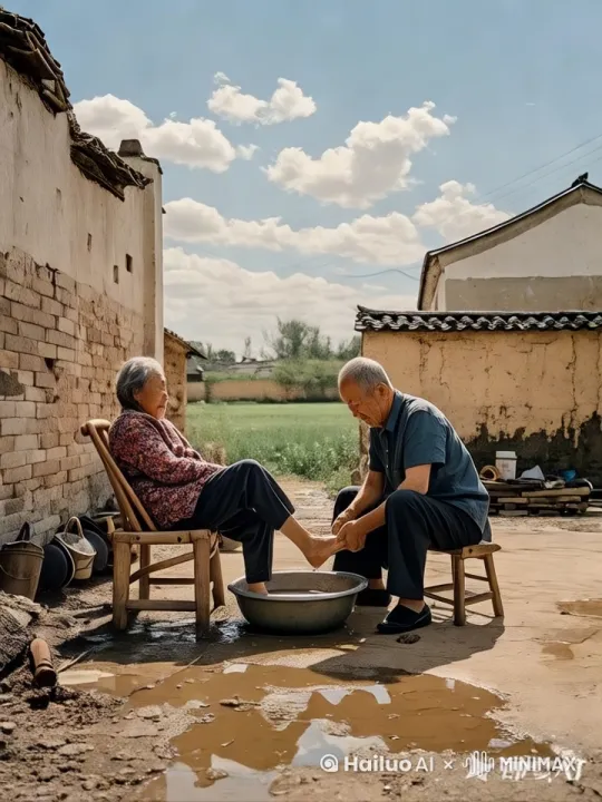 镜头移动，动态跟随，大爷帮大妈洗脚，大妈突然脚踢向大爷，大爷被踢飞了，大爷后空翻摔倒在地，大妈后仰摔倒，脚下脸盆飞起来，水花飞溅，飞出来一条大红鲤鱼 by Hailuo AI Video Generator