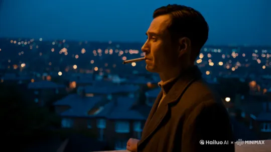 一个男人站在阳台抽烟，表情比较惆怅，窗户外面是万家灯火的样子。[右摇,变焦推进] by Hailuo AI Video Generator