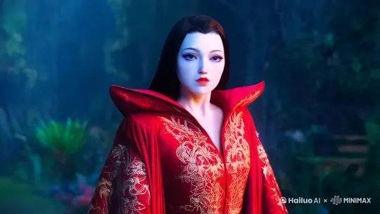 变身成火红头发，红色的华丽服装，长出火红的狐狸耳朵，长出火红的毛茸茸的九条狐狸尾巴 by Hailuo AI Video Generator