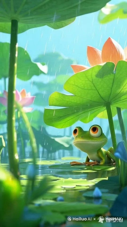 青蛙望着绵绵不断的细雨，发呆 by Hailuo AI Video Generator