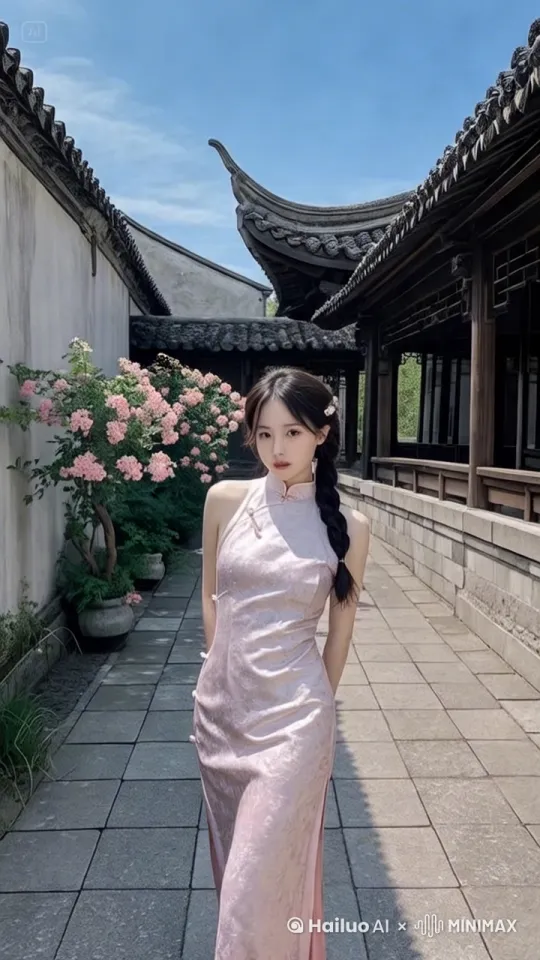 镜头移动，动态跟随，少女左转身用中国轻功抓着墙面向上快速攀爬，手脚并用，爬上屋顶，飞檐走壁，跑向远方，动作迅速流畅 by Hailuo AI Video Generator