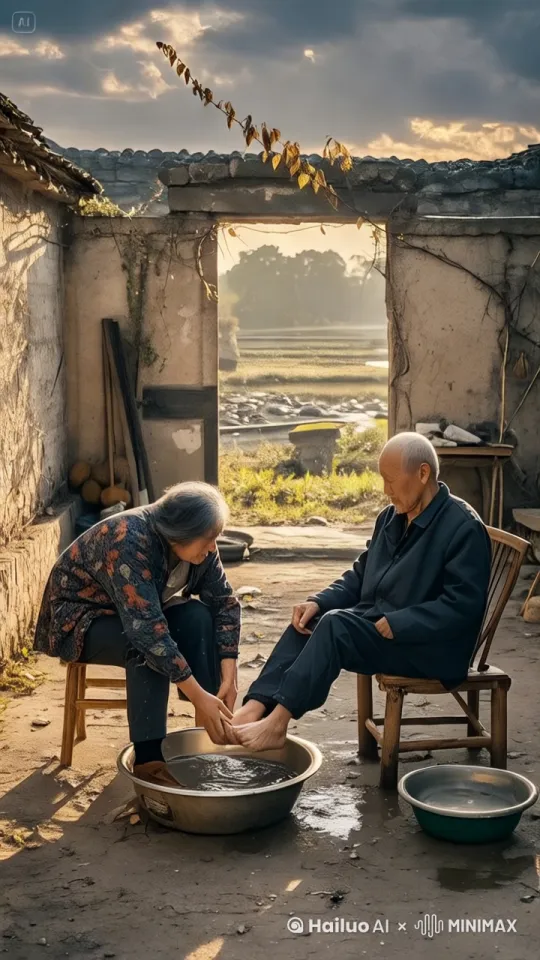 镜头移动，动态跟随，大妈帮大爷洗脚，大爷突然脚踢向大妈，大妈踢飞了，大妈后空翻摔倒在地，大爷后仰摔倒，脚下脸盆飞起来，水花飞溅。 by Hailuo AI Video Generator