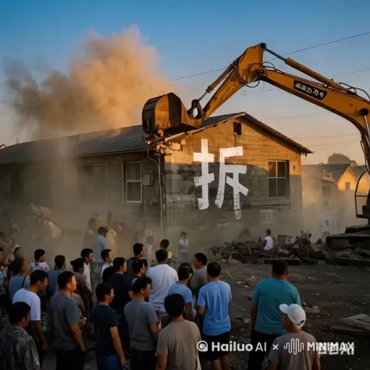 镜头移动，动态跟随，围观人郡议论纷纷，随着挖掘机每一次机械臂的落下，尘土飞起，房子应声倒地，无数的金币象大量泉水喷涌而出，纷纷落下，地面上随后捕满金币，围观人郡激动的鼓掌叫好。 by Hailuo AI Video Generator