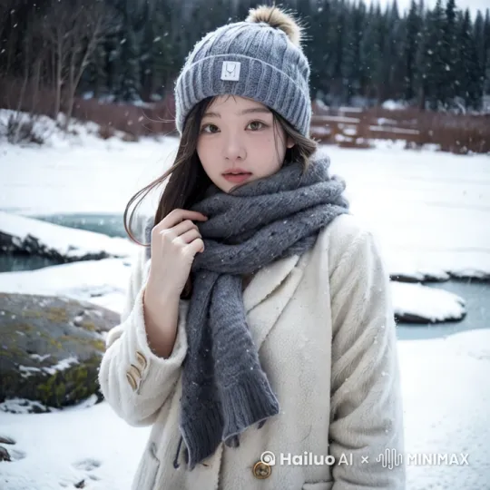 雪天，背景雪花纷飞，人物自然不变，手整理头发，风吹动头发轻轻飘荡，[下降,上摇] by Hailuo AI Video Generator
