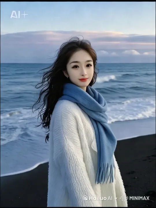 海水流动，海风吹起头发，美丽的女人在沙滩漫步 by Hailuo AI Video Generator